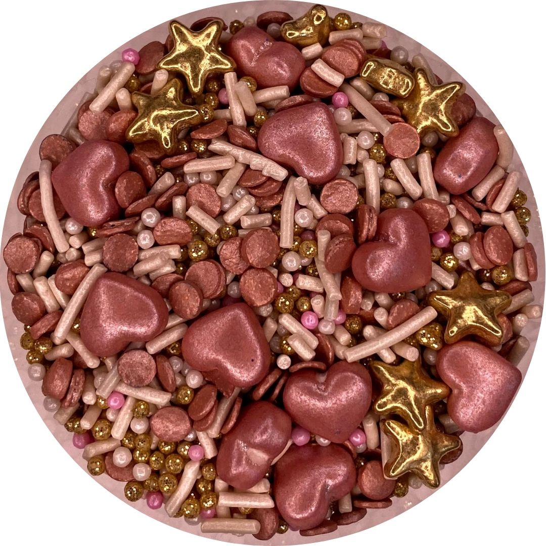 Mix de sprinkles corazones aperlas estrellas doradas