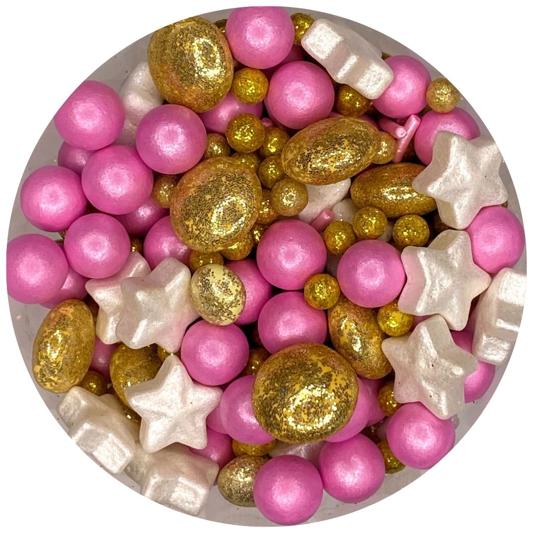 Mix de sprinkles rosa dorados y estrellas blancas